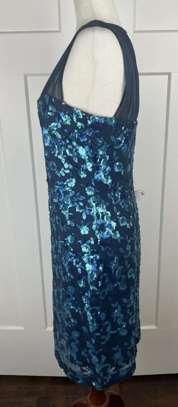 Belle Badgley Mischka Dress 8 Blue Sequin Mesh Sheath Cocktail NWT $219